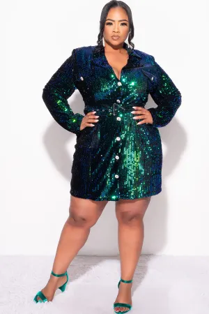 Final Sale Plus Size Sequin Blazer Dress with Rhinestone Buttons in Mermaid Green Final Sale Plus Size Sequin Blazer Dress with Rhinestone Buttons in Mermaid Green