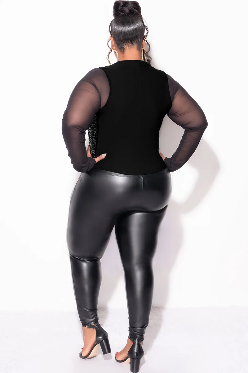 Final Sale Plus Size Sequin Sleeveless Button Up Crop Vest in Black (Vest Only)