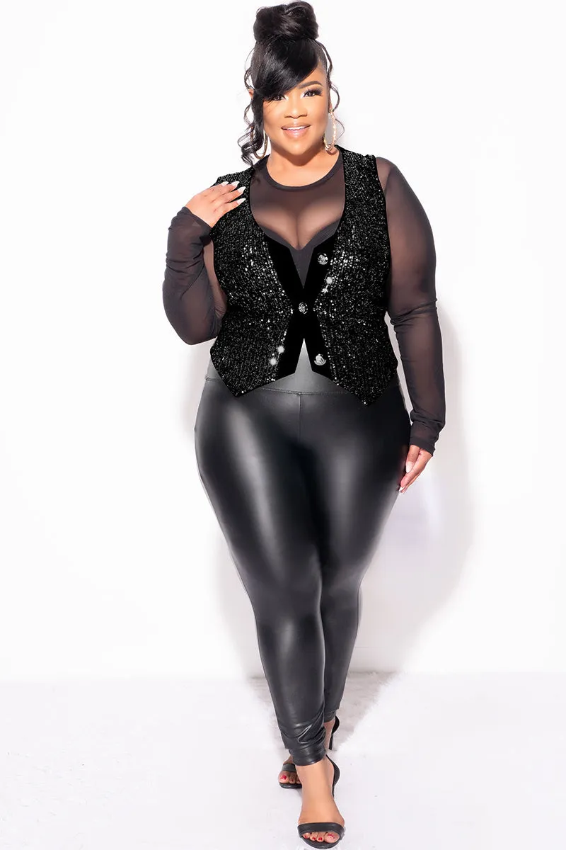 Final Sale Plus Size Sequin Sleeveless Button Up Crop Vest in Black (Vest Only)