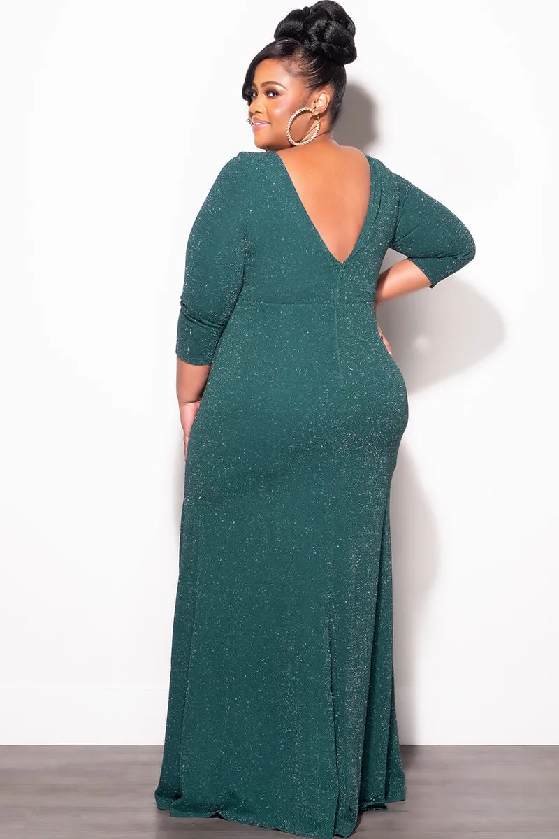 Final Sale Plus Size Shimmer Gown with Front Slit in Green