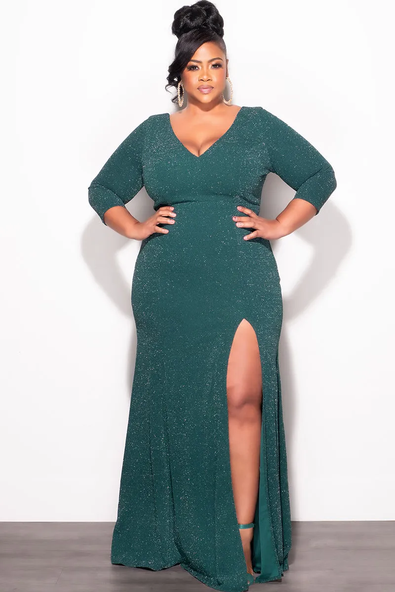 Final Sale Plus Size Shimmer Gown with Front Slit in Green