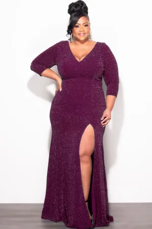 Final Sale Plus Size Shimmer Gown with Front Slit in Plum Final Sale Plus Size Shimmer Gown with Front Slit in Plum