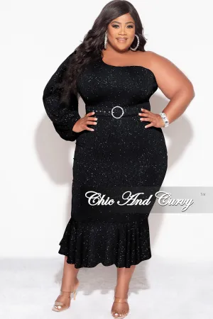 Final Sale Plus Size Shimmer One Shoulder Midi Dress with Bottom Ruffle in Black Final Sale Plus Size Shimmer One Shoulder Midi Dress with Bottom Ruffle in Black