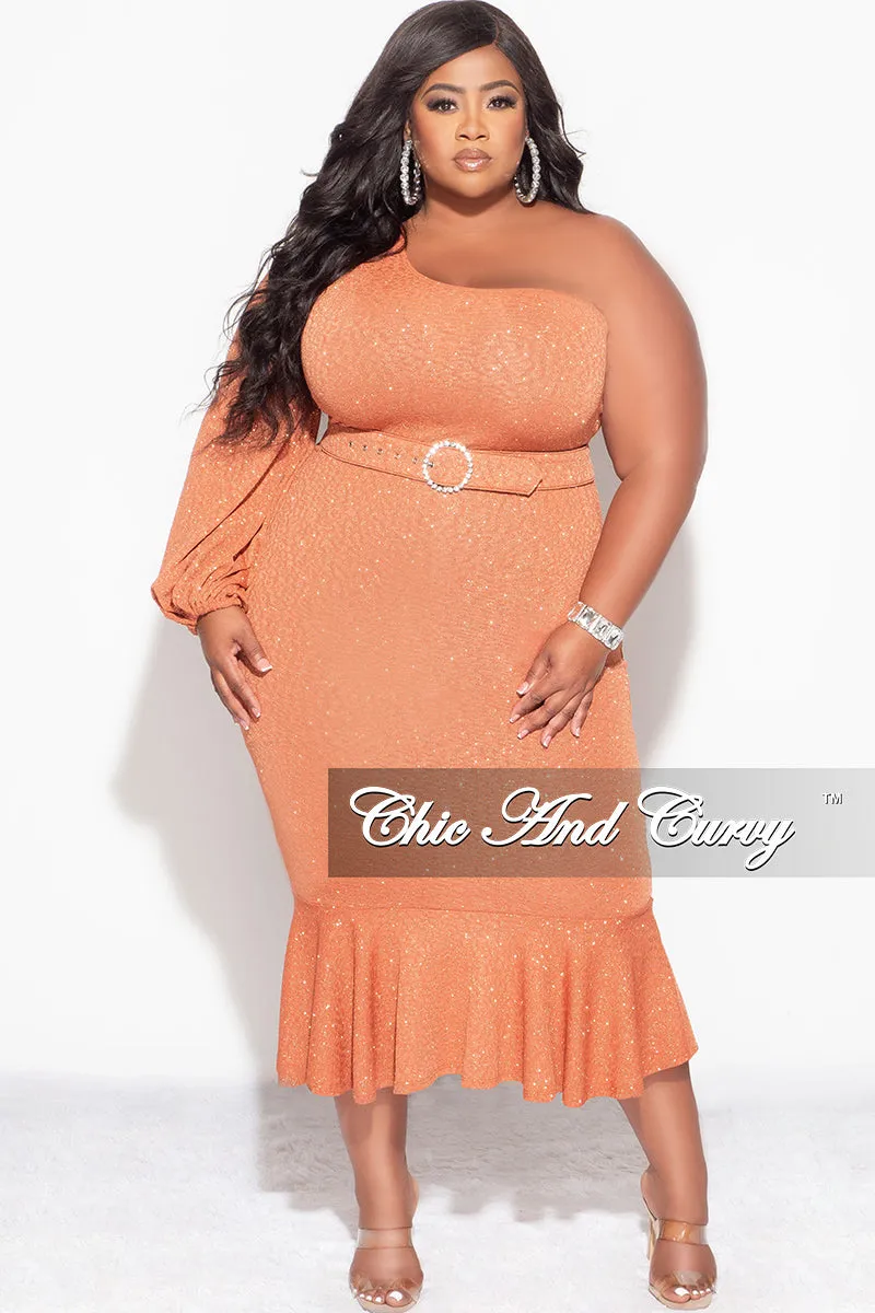 Final Sale Plus Size Shimmer One Shoulder Midi Dress with Bottom Ruffle in Rust