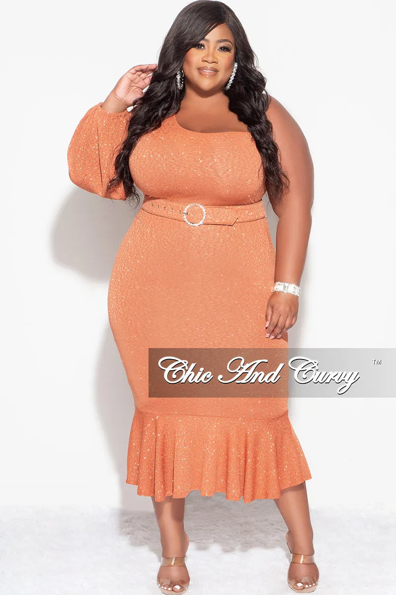 Final Sale Plus Size Shimmer One Shoulder Midi Dress with Bottom Ruffle in Rust