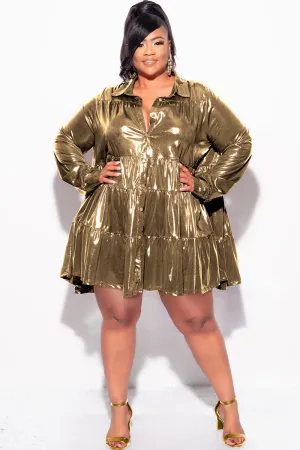 Final Sale Plus Size Shirt Dress in Metallic Gold Final Sale Plus Size Shirt Dress in Metallic Gold