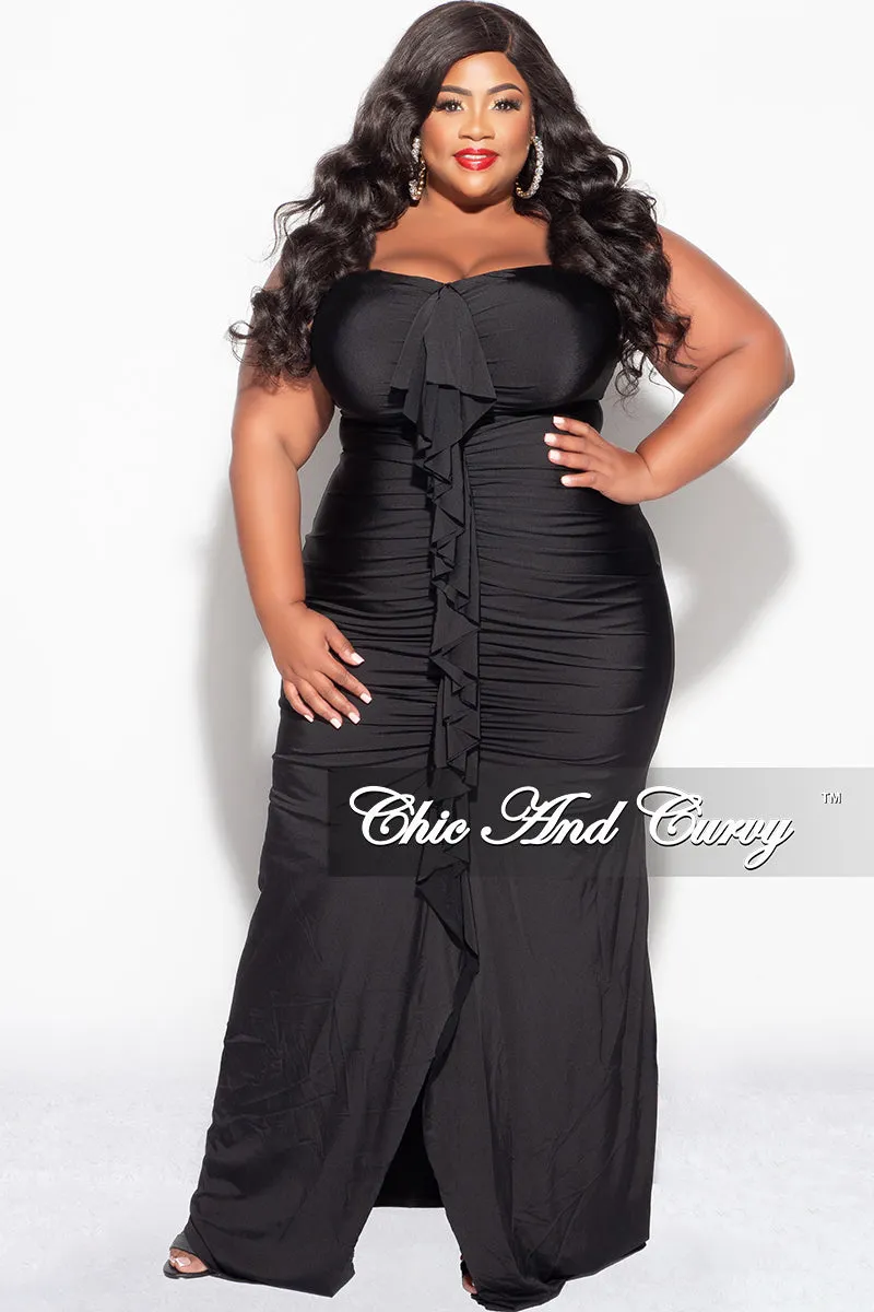 Final Sale Plus Size Sleeveless Maxi Gown With Center Ruching with Ruffle in Black