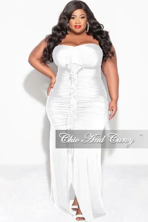 Final Sale Plus Size Sleeveless Maxi Gown With Center Ruching with Ruffle in White Final Sale Plus Size Sleeveless Maxi Gown With Center Ruching with Ruffle in White