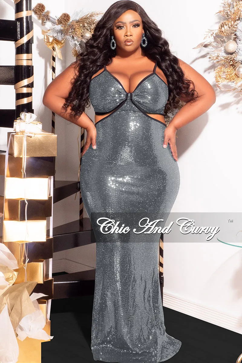 Final Sale Plus Size Spaghetti Strap Faux Sequin Gown with Cut Outs in Silver