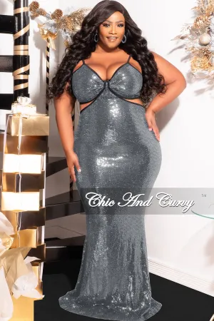 Final Sale Plus Size Spaghetti Strap Faux Sequin Gown with Cut Outs in Silver Final Sale Plus Size Spaghetti Strap Faux Sequin Gown with Cut Outs in Silver