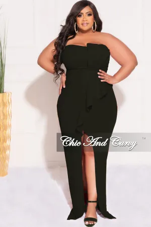 Final Sale Plus Size Strapless Pleated Ruffle Gown with Front Slit in Black Final Sale Plus Size Strapless Pleated Ruffle Gown with Front Slit in Black