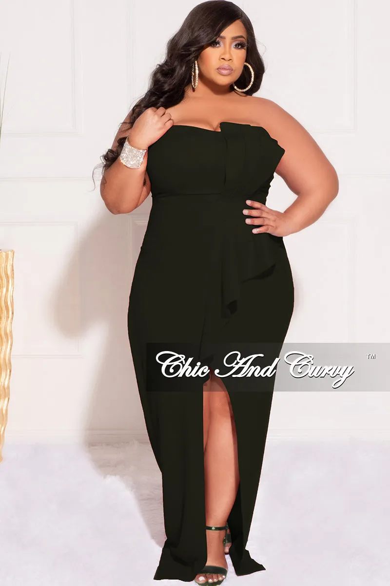 Final Sale Plus Size Strapless Pleated Ruffle Gown with Front Slit in Black