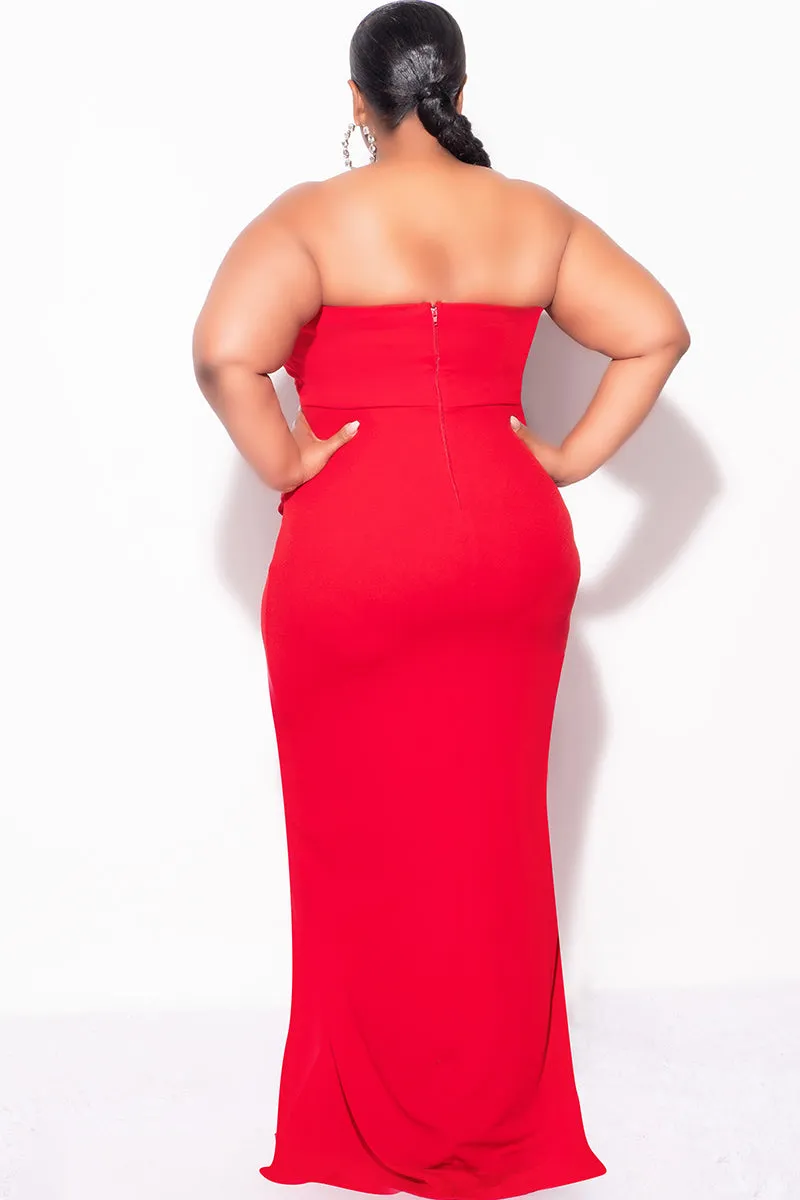 Final Sale Plus Size Strapless Pleated Ruffle Gown with Front Slit in Red