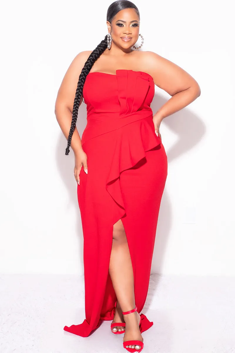 Final Sale Plus Size Strapless Pleated Ruffle Gown with Front Slit in Red