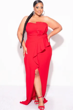Final Sale Plus Size Strapless Pleated Ruffle Gown with Front Slit in Red Final Sale Plus Size Strapless Pleated Ruffle Gown with Front Slit in Red