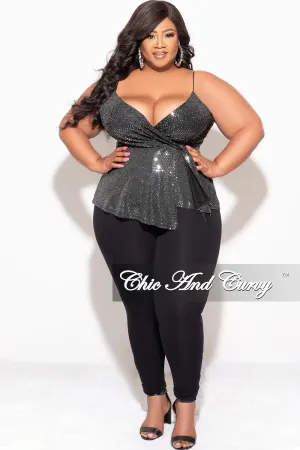 Final Sale Plus Size Surplice wrap V-Neck Sparkly Top with Spaghetti Strap in Silver and Black Final Sale Plus Size Surplice wrap V-Neck Sparkly Top with Spaghetti Strap in Silver and Black