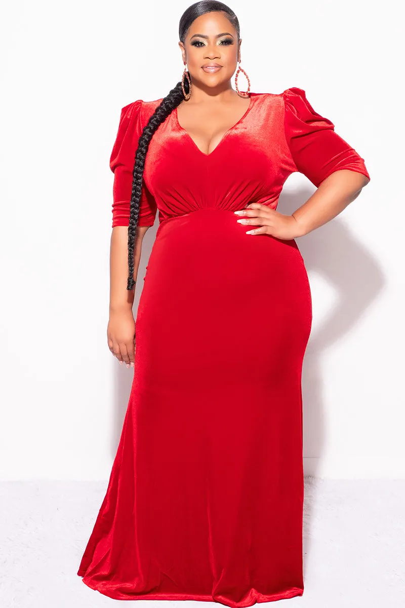 Final Sale Plus Size V-Neck Gown with Puffed Sleeves in Red Velvet