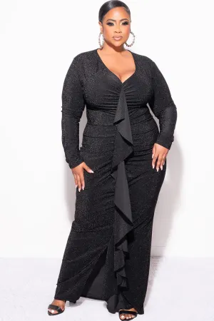 Final Sale Plus Size V-Neck Gown with Ruched Center & Ruffle in Black Glitter Lurex Fabric Final Sale Plus Size V-Neck Gown with Ruched Center & Ruffle in Black Glitter Lurex Fabric