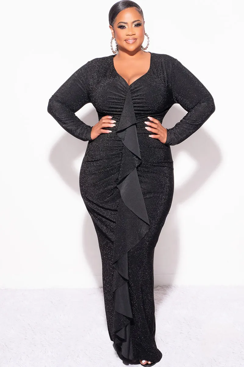Final Sale Plus Size V-Neck Gown with Ruched Center & Ruffle in Black Glitter Lurex Fabric