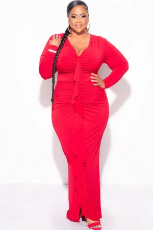 Final Sale Plus Size V-Neck Gown with Ruched Center & Ruffle in Red Final Sale Plus Size V-Neck Gown with Ruched Center & Ruffle in Red