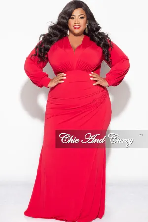 Final Sale Plus Size V-Neck Gown with Ruched Overlay in Red Final Sale Plus Size V-Neck Gown with Ruched Overlay in Red
