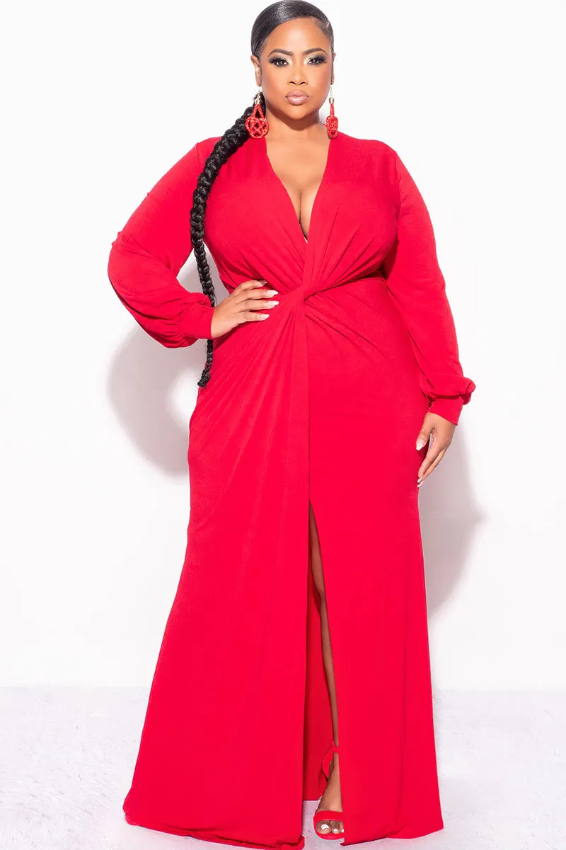Final Sale Plus Size V-Neck Gown with Twist Front Waist in Red