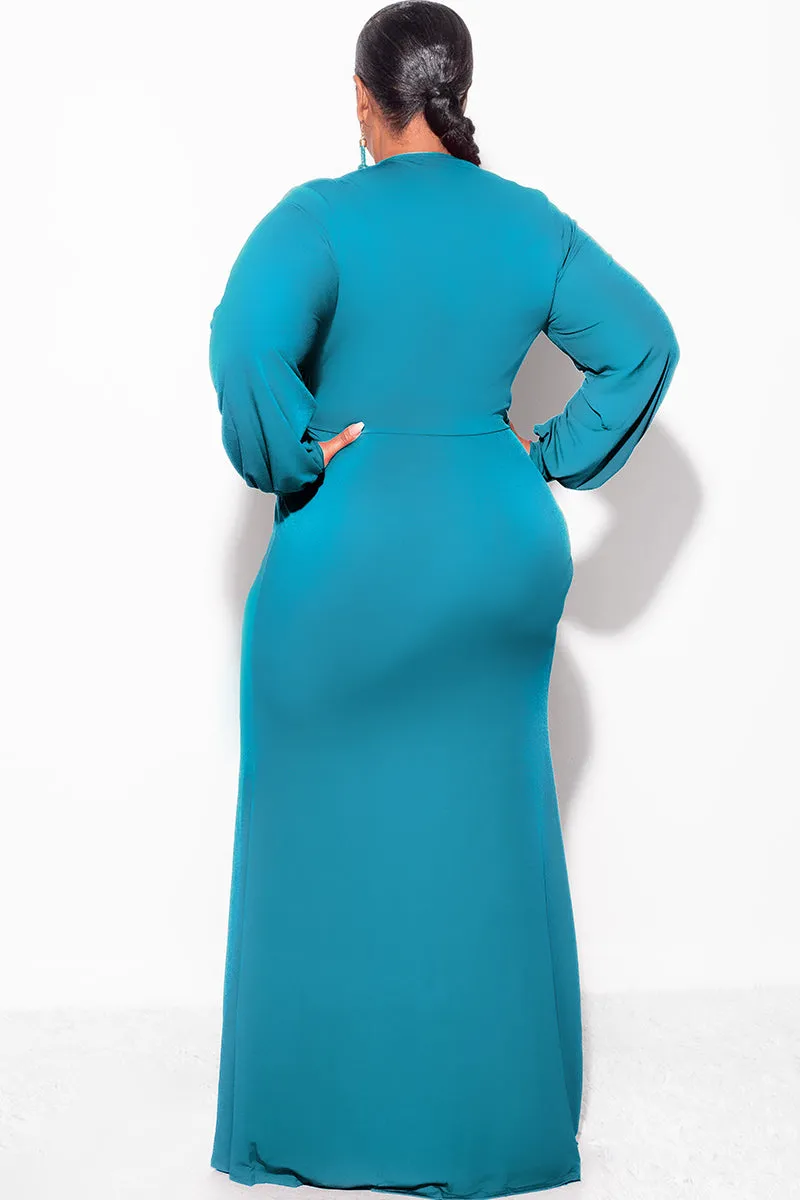 Final Sale Plus Size V-Neck Gown with Twist Front Waist in Teal Green
