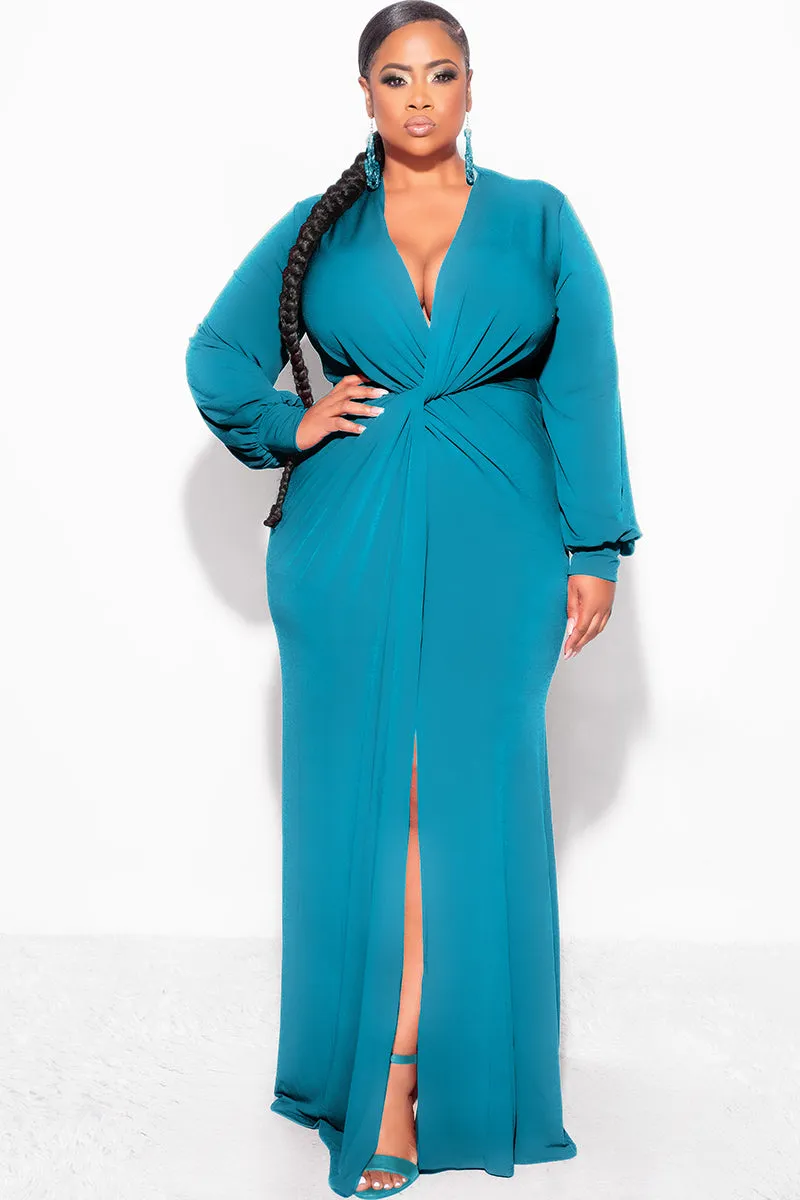 Final Sale Plus Size V-Neck Gown with Twist Front Waist in Teal Green