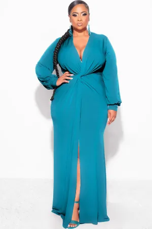 Final Sale Plus Size V-Neck Gown with Twist Front Waist in Teal Green Final Sale Plus Size V-Neck Gown with Twist Front Waist in Teal Green