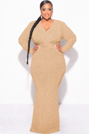 Final Sale Plus Size V-Neck Gown with Twisted Waist Band in Gold Foil Fabric Final Sale Plus Size V-Neck Gown with Twisted Waist Band in Gold Foil Fabric