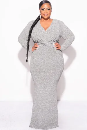 Final Sale Plus Size V-Neck Gown with Twisted Waist Band in Silver Foil Fabric Final Sale Plus Size V-Neck Gown with Twisted Waist Band in Silver Foil Fabric
