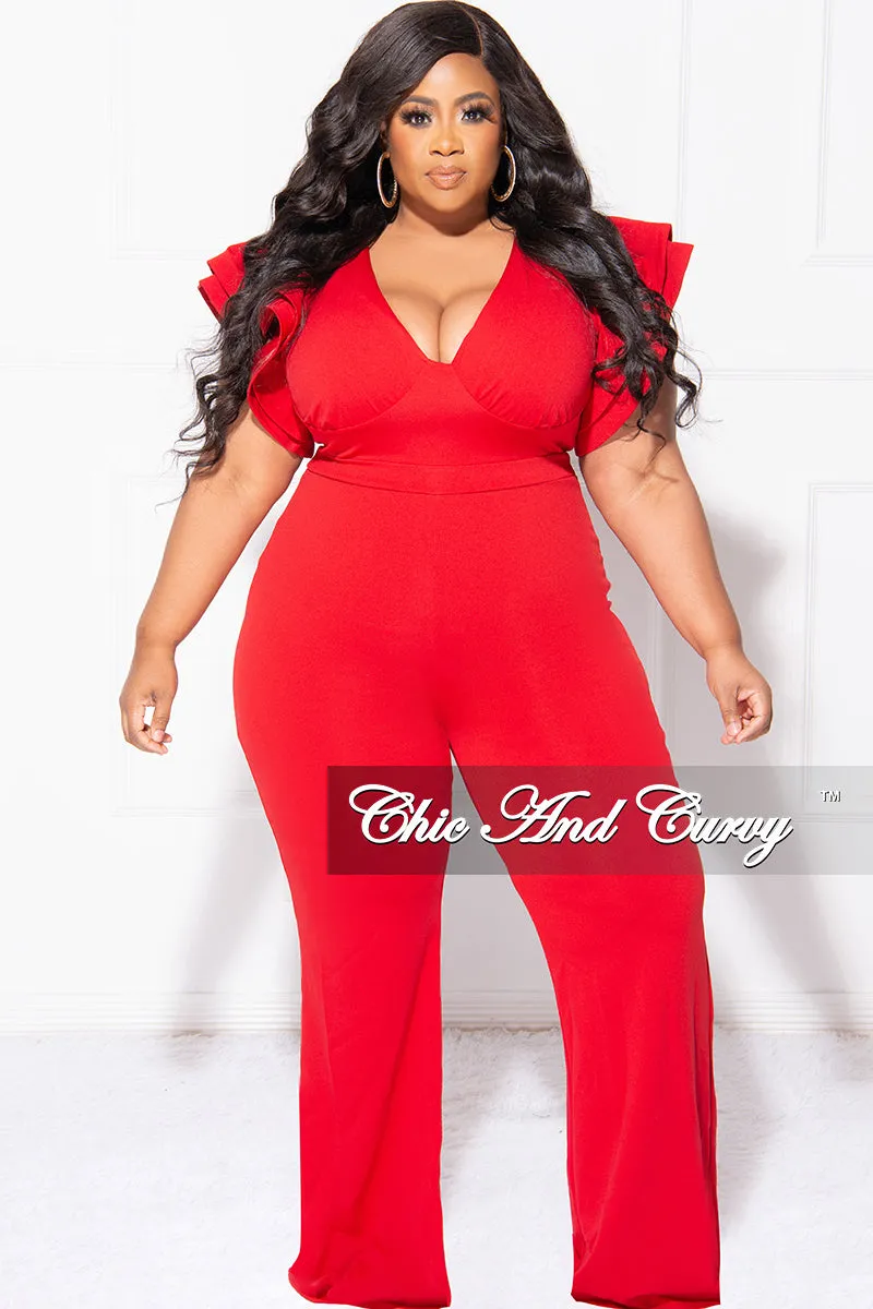 Final Sale Plus Size V-Neck Jumpsuit with Ruffle Sleeves in Red