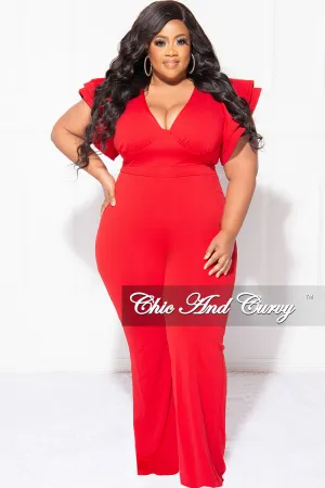 Final Sale Plus Size V-Neck Jumpsuit with Ruffle Sleeves in Red Final Sale Plus Size V-Neck Jumpsuit with Ruffle Sleeves in Red