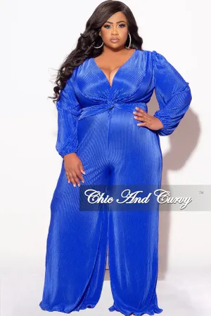 Final Sale Plus Size V-Neck Pleated Jumpsuit in Royal Blue Final Sale Plus Size V-Neck Pleated Jumpsuit in Royal Blue