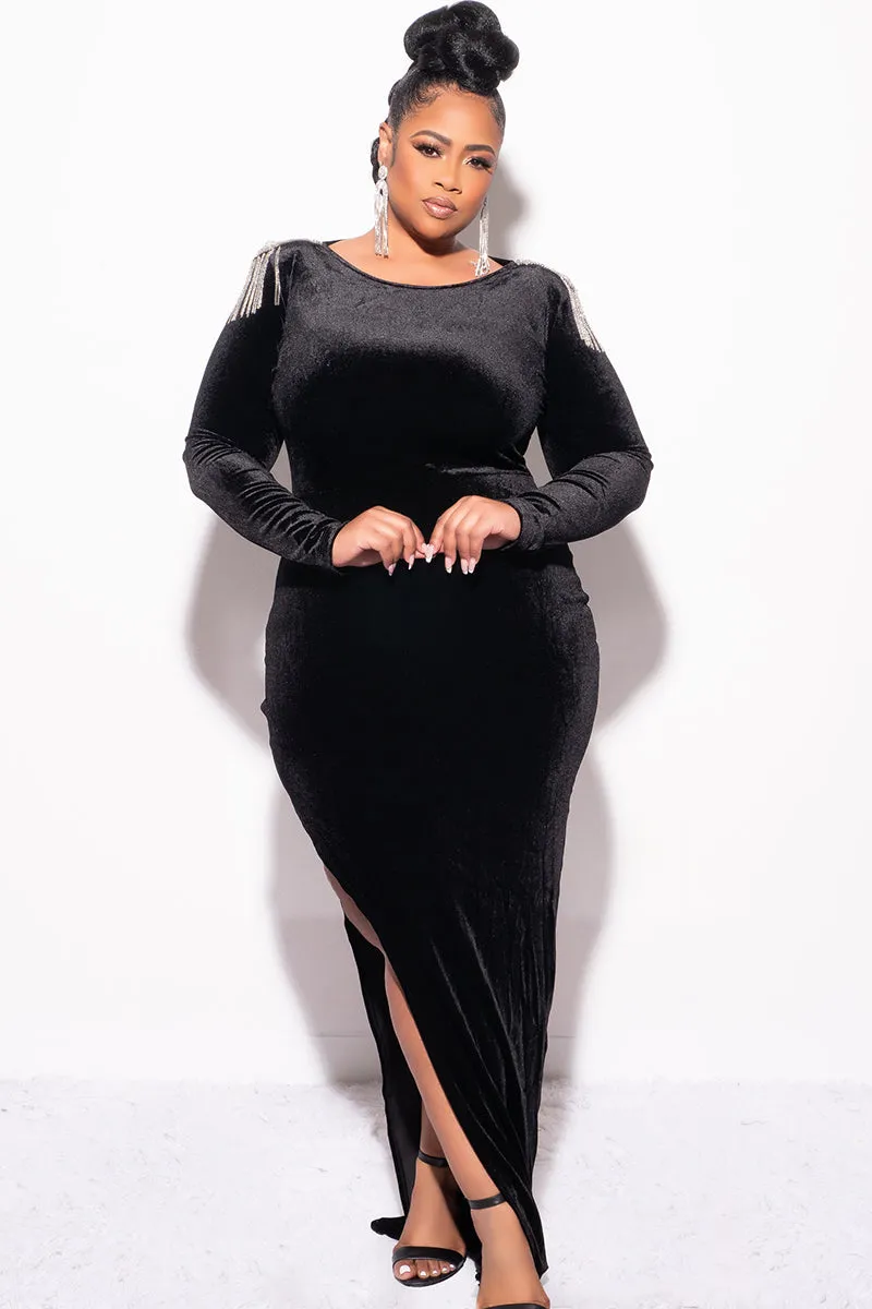 Final Sale Plus Size Velvet Dress Gown with Fringe Rhinestone Shoulders and Side Slit in Black