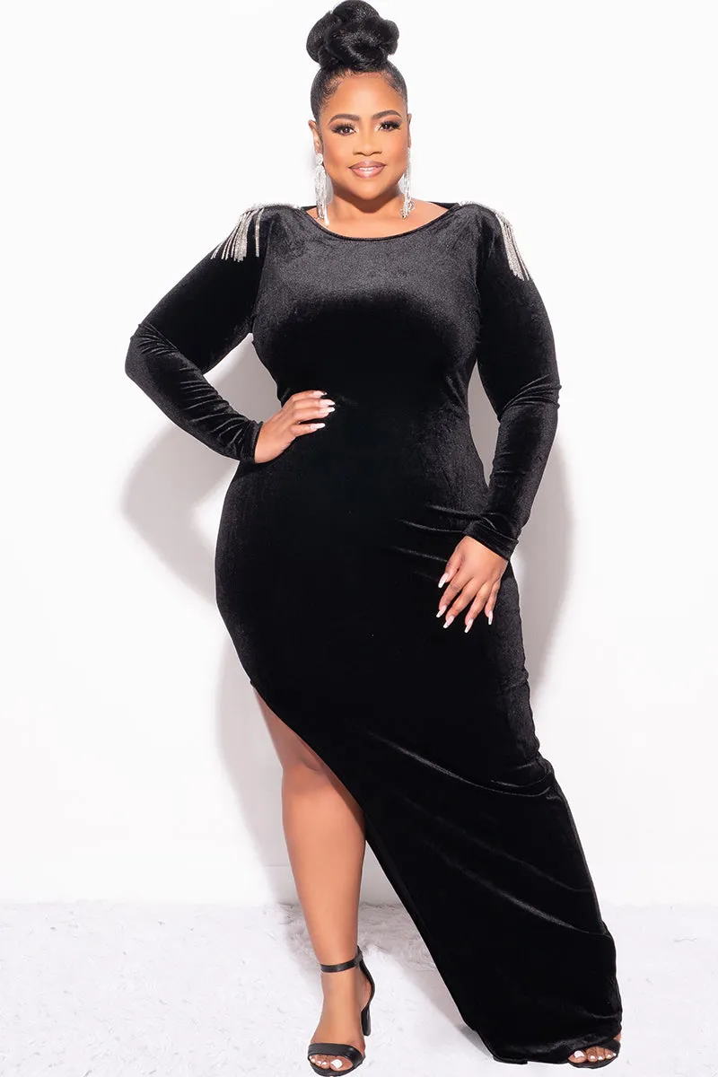 Final Sale Plus Size Velvet Dress Gown with Fringe Rhinestone Shoulders and Side Slit in Black