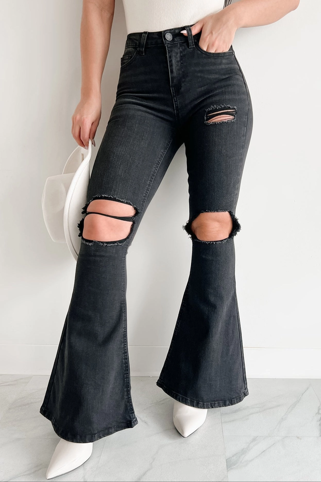 Finnick High Rise Distressed Indigo Reign Flare Jeans (Black)