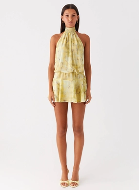 First Date Halter Mini Dress - Yellow Tie Dye First Date Halter Mini Dress - Yellow Tie Dye