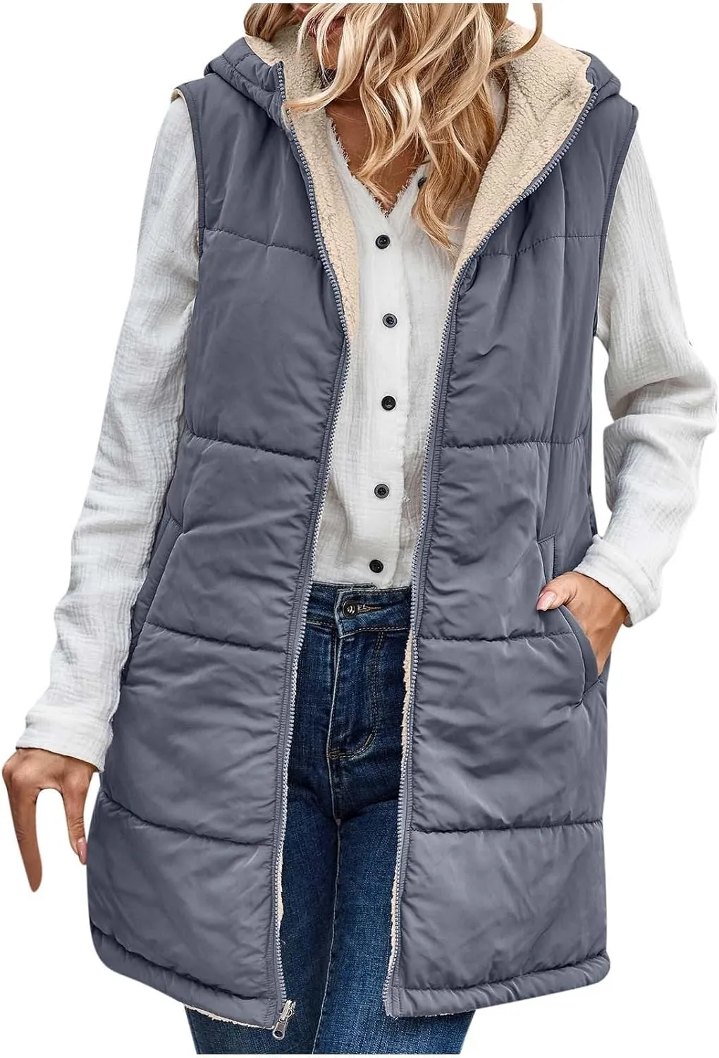 Firzero Puffer Vest Women Long Winter Sleeveless Quilted Jacket Plush Hooded Zip Up Vest 2024 Sherpa Fleece Jackets Hoodie
