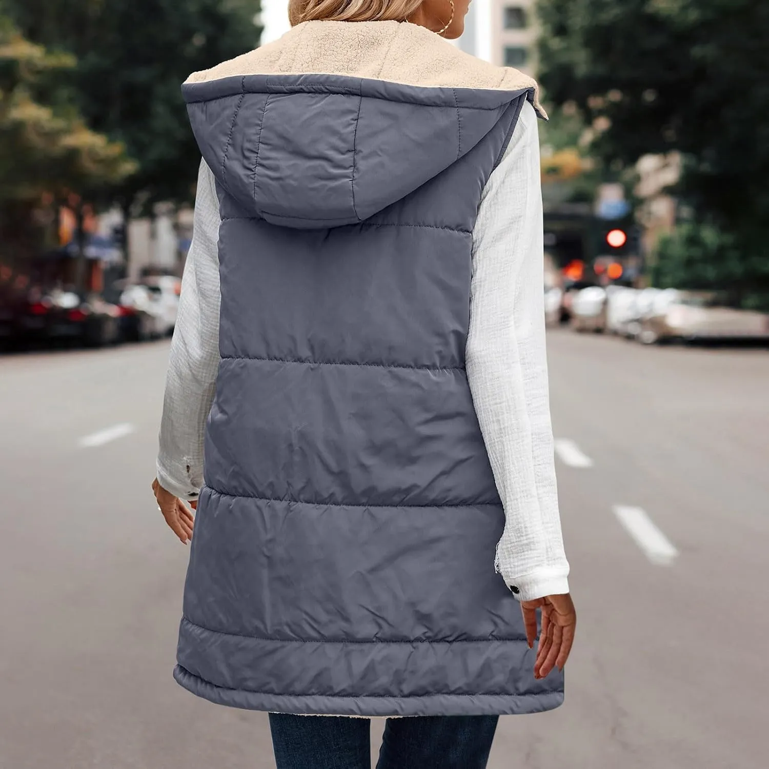 Firzero Puffer Vest Women Long Winter Sleeveless Quilted Jacket Plush Hooded Zip Up Vest 2024 Sherpa Fleece Jackets Hoodie