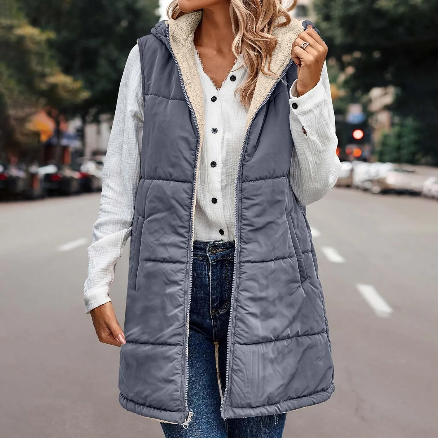Firzero Puffer Vest Women Long Winter Sleeveless Quilted Jacket Plush Hooded Zip Up Vest 2024 Sherpa Fleece Jackets Hoodie