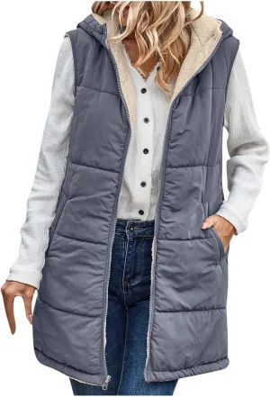 Firzero Puffer Vest Women Long Winter Sleeveless Quilted Jacket Plush Hooded Zip Up Vest 2024 Sherpa Fleece Jackets Hoodie