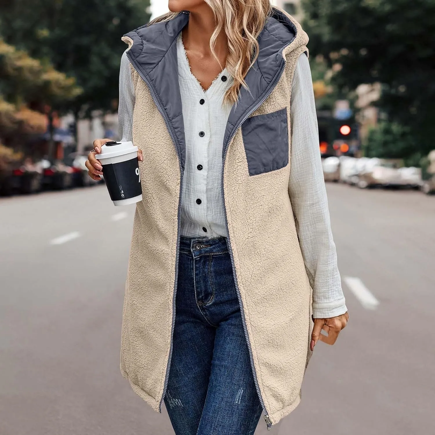 Firzero Puffer Vest Women Long Winter Sleeveless Quilted Jacket Plush Hooded Zip Up Vest 2024 Sherpa Fleece Jackets Hoodie