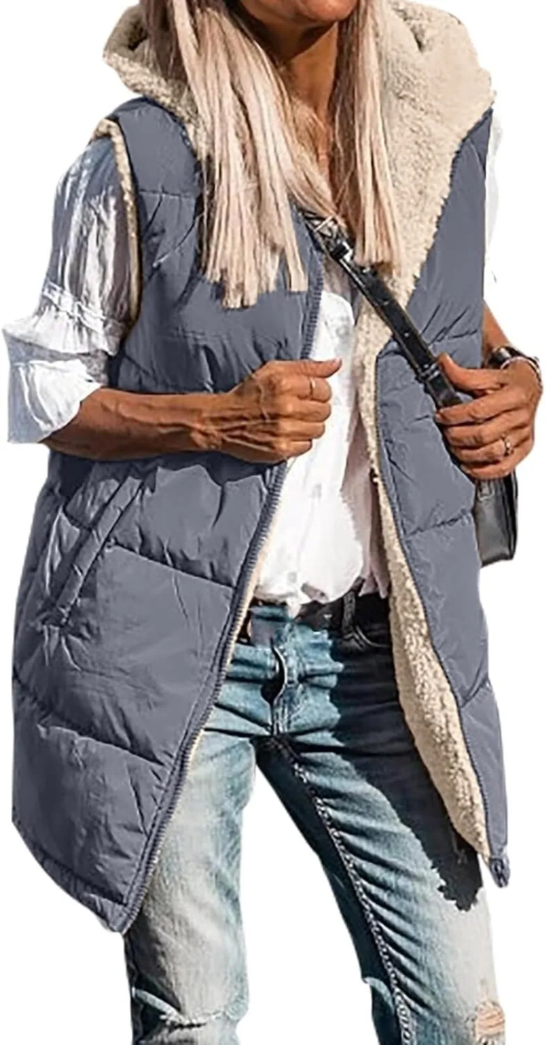 Firzero Puffer Vest Women Long Winter Sleeveless Quilted Jacket Plush Hooded Zip Up Vest 2024 Sherpa Fleece Jackets Hoodie