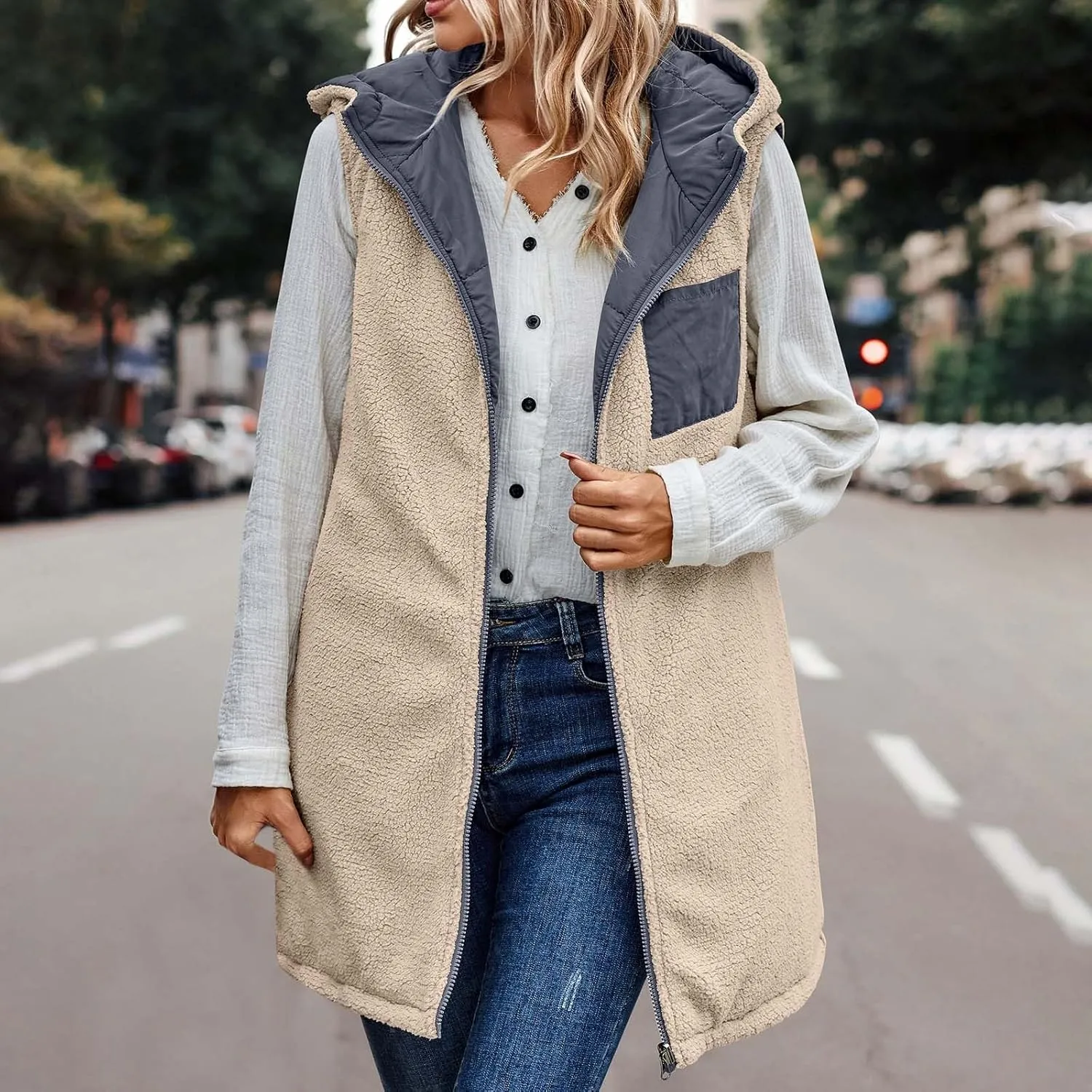 Firzero Puffer Vest Women Long Winter Sleeveless Quilted Jacket Plush Hooded Zip Up Vest 2024 Sherpa Fleece Jackets Hoodie