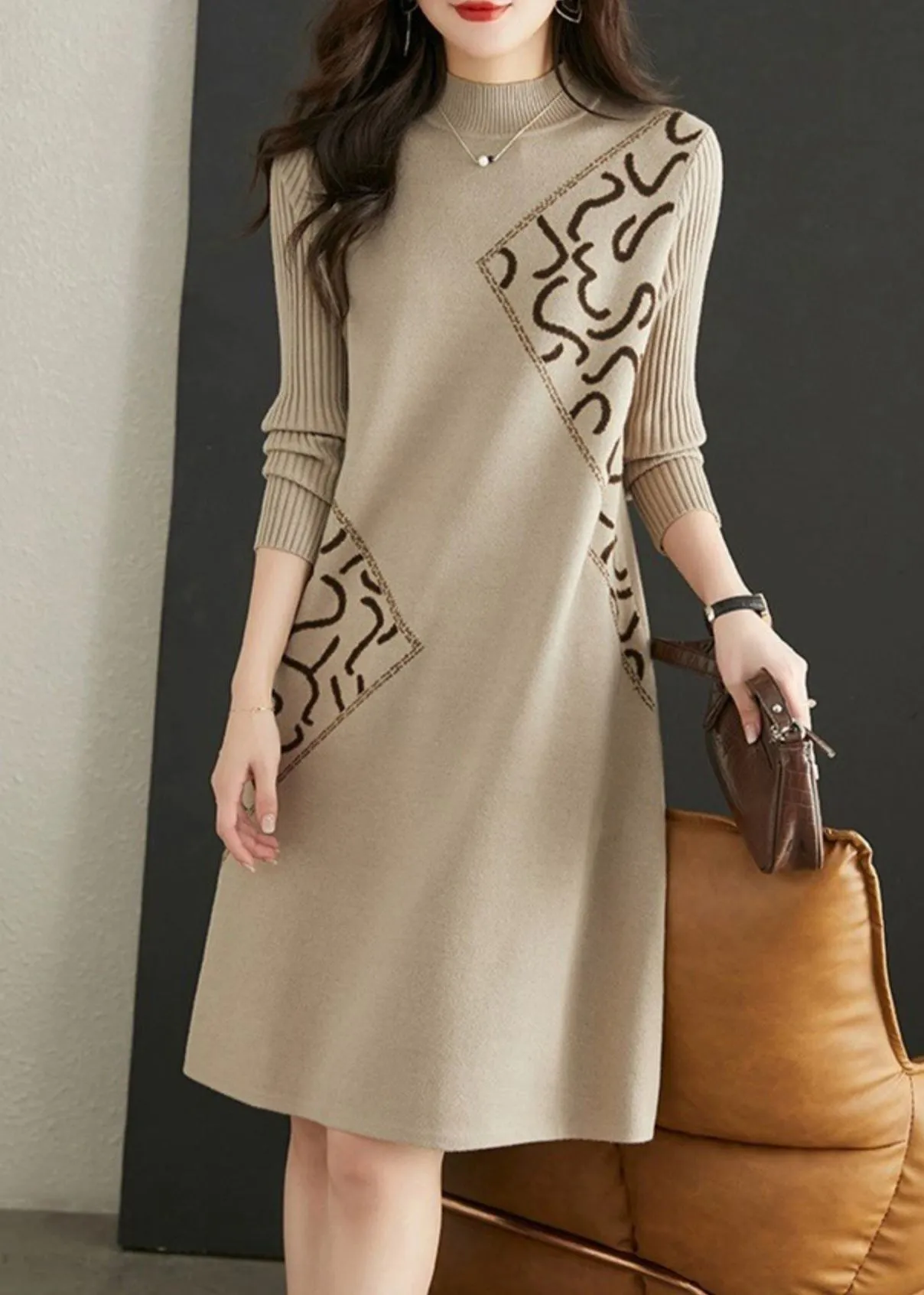 Fitted Beige Stand Collar Zircon Patchwork Knit Dress Fall ML1946