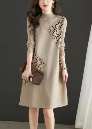 Fitted Beige Stand Collar Zircon Patchwork Knit Dress Fall ML1946