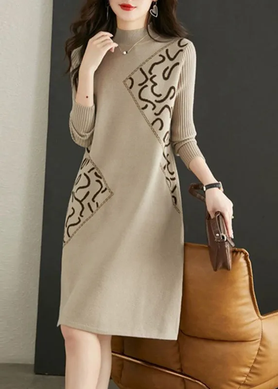 Fitted Beige Stand Collar Zircon Patchwork Knit Dress Fall ML1946