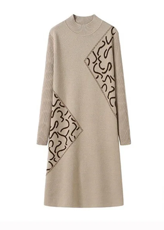 Fitted Beige Stand Collar Zircon Patchwork Knit Dress Fall ML1946