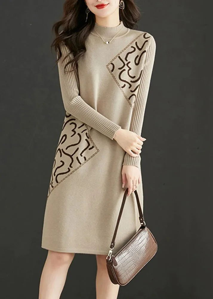 Fitted Beige Stand Collar Zircon Patchwork Knit Dress Fall ML1946